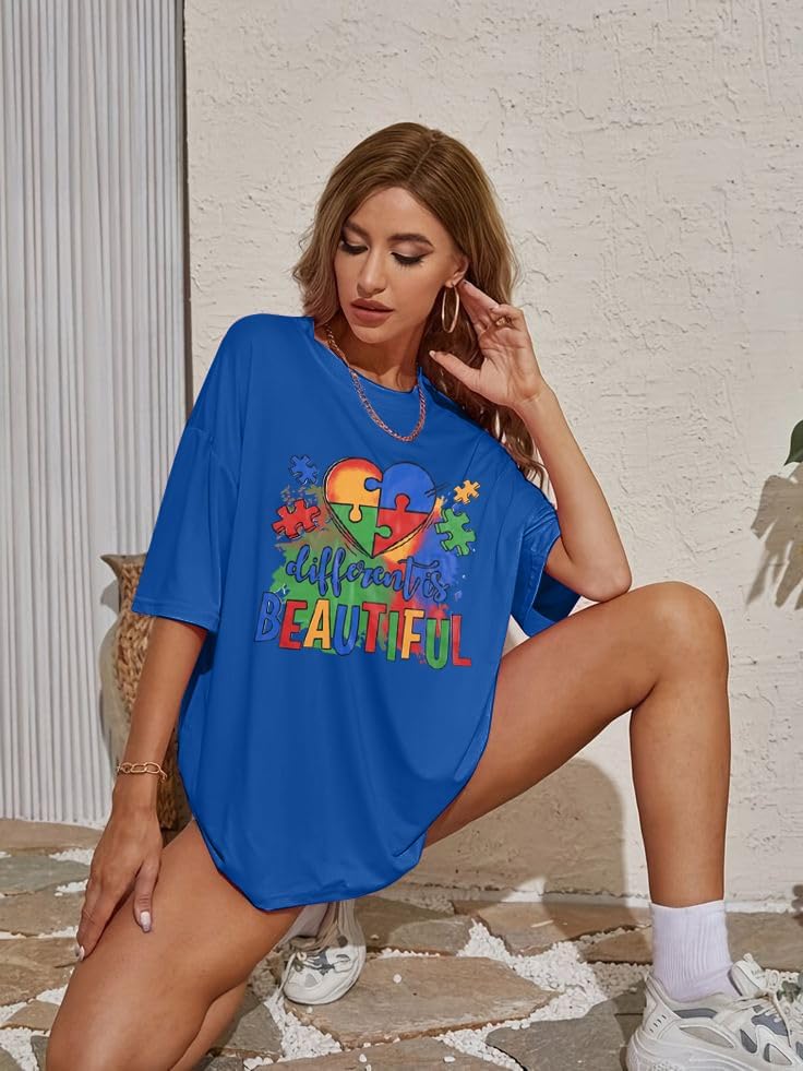 Autism Awareness Women Oversized Shirt Different is Beautiful Autism T Shirts Special Education Teacher Tee Tops