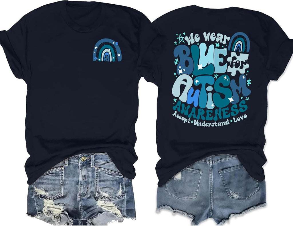 LAZYCHILD Autism Awareness Shirt for Women: Blue Autism Awareness Shirts We Wear Blue T-Shirt Puzzle Piece Tee Tops