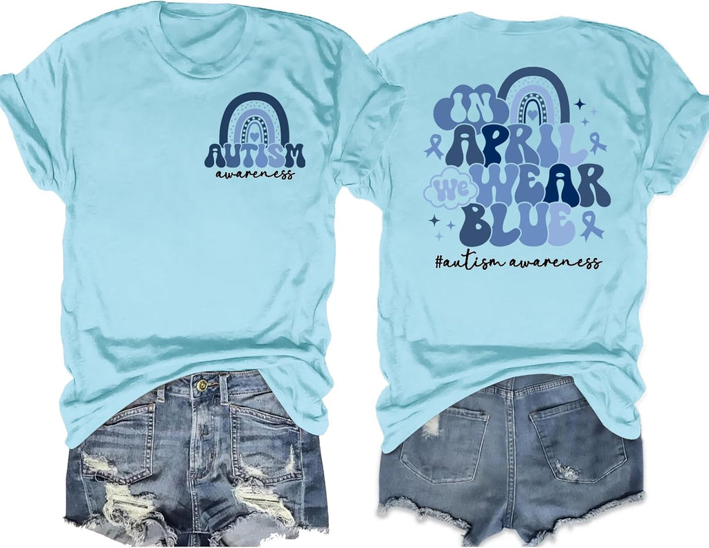 LAZYCHILD Autism Awareness Shirt for Women: Blue Autism Awareness Shirts We Wear Blue T-Shirt Puzzle Piece Tee Tops