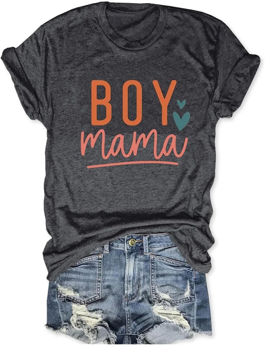 Womens Boy Mama Shirt Casual Letter Printed Boy Mom T-Shirts Short Sleeve Mother's Day Graphic Tee Tops Mother Shirt