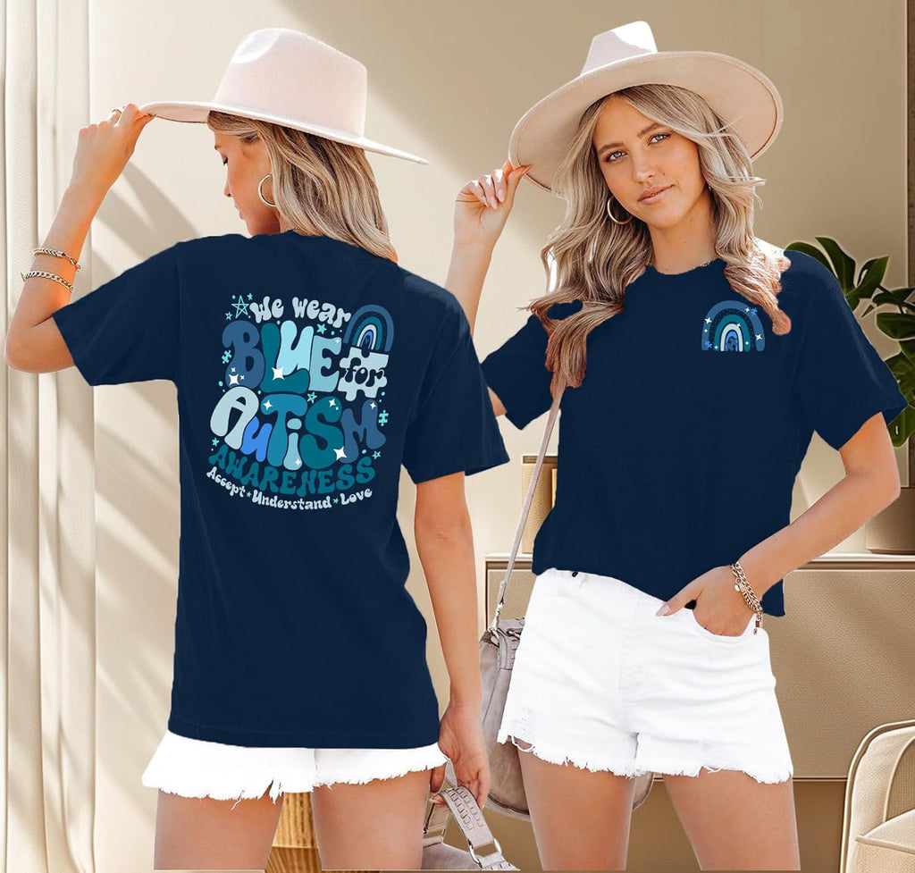 LAZYCHILD Autism Awareness Shirt for Women: Blue Autism Awareness Shirts We Wear Blue T-Shirt Puzzle Piece Tee Tops