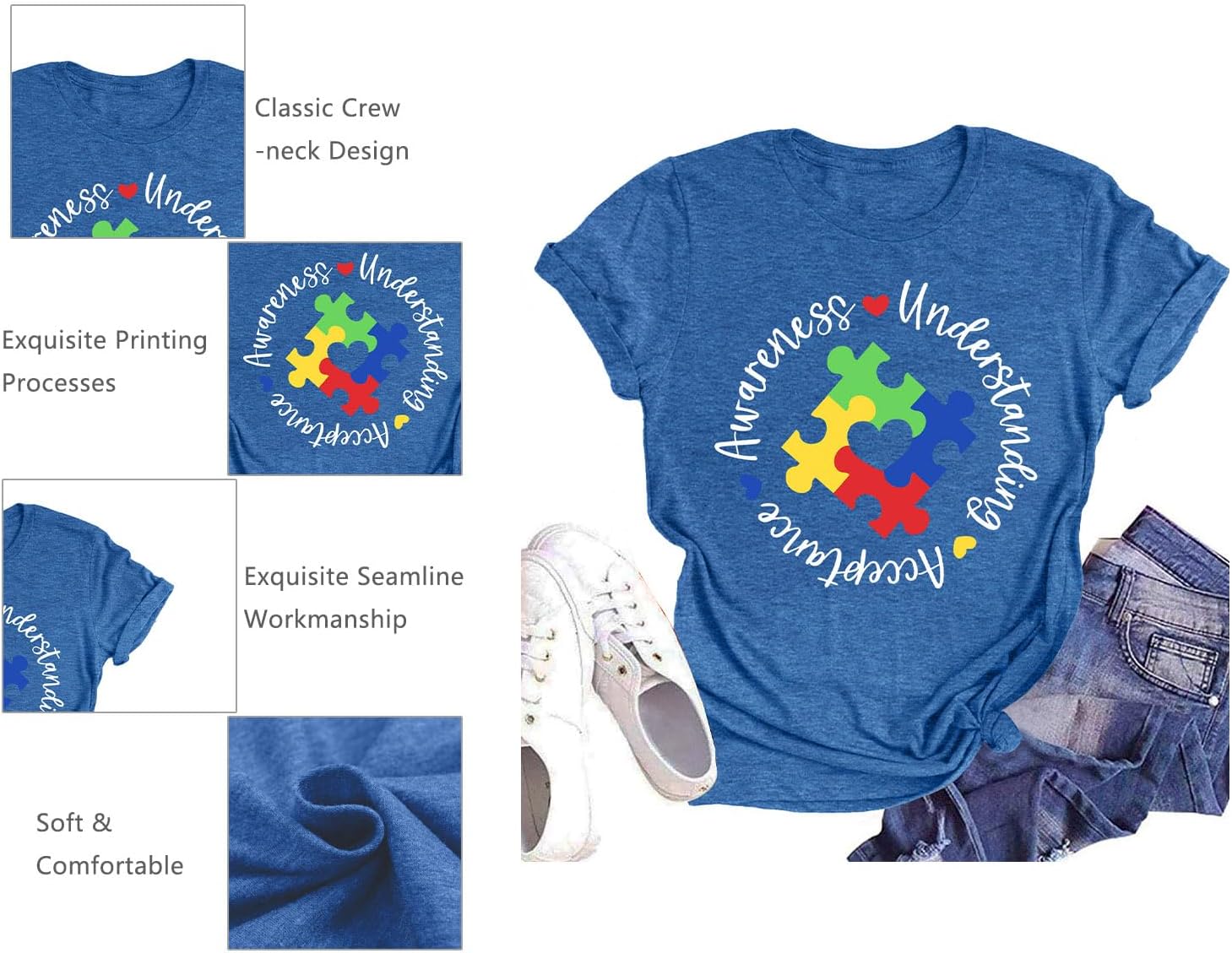 Autism Awareness Shirts Women Autistic Support Tshirt Puzzle Piece Heart Graphic Inspirational Tops
