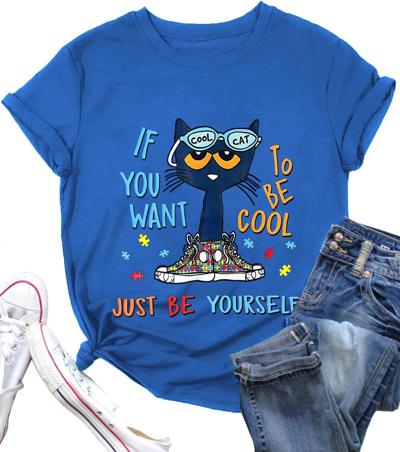 Autism Awareness Shirt for Women If You Want to Be Cool Just Be Yourself T-Shirt Casual Autistic Support Tee Tops