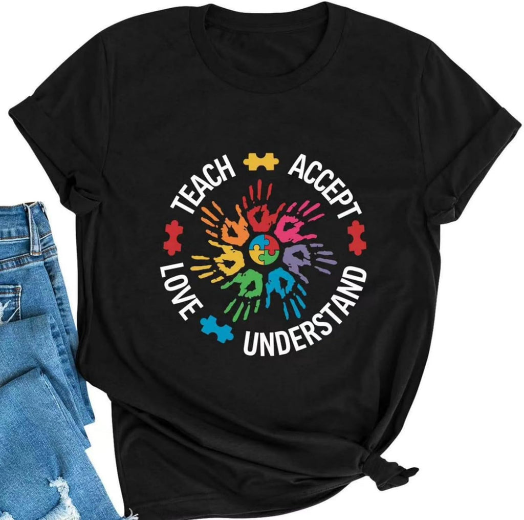 Autism Awareness Shirt Women Accept Understand Love T-Shirt I Wear Blue Tshirt Autism Support Causal Short Sleeve Tee Tops