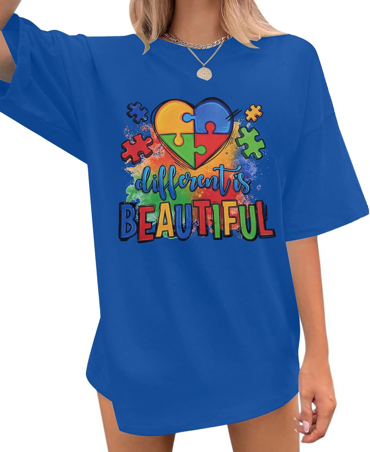 Autism Awareness Women Oversized Shirt Different is Beautiful Autism T Shirts Special Education Teacher Tee Tops