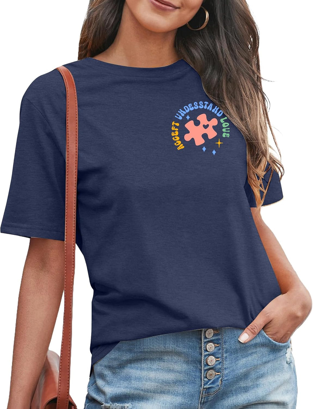 Autism Awareness Shirt for Women: Autism Acceptance Puzzle Piece Tshirt Autism Mom Tee Support Autism Teacher Tops