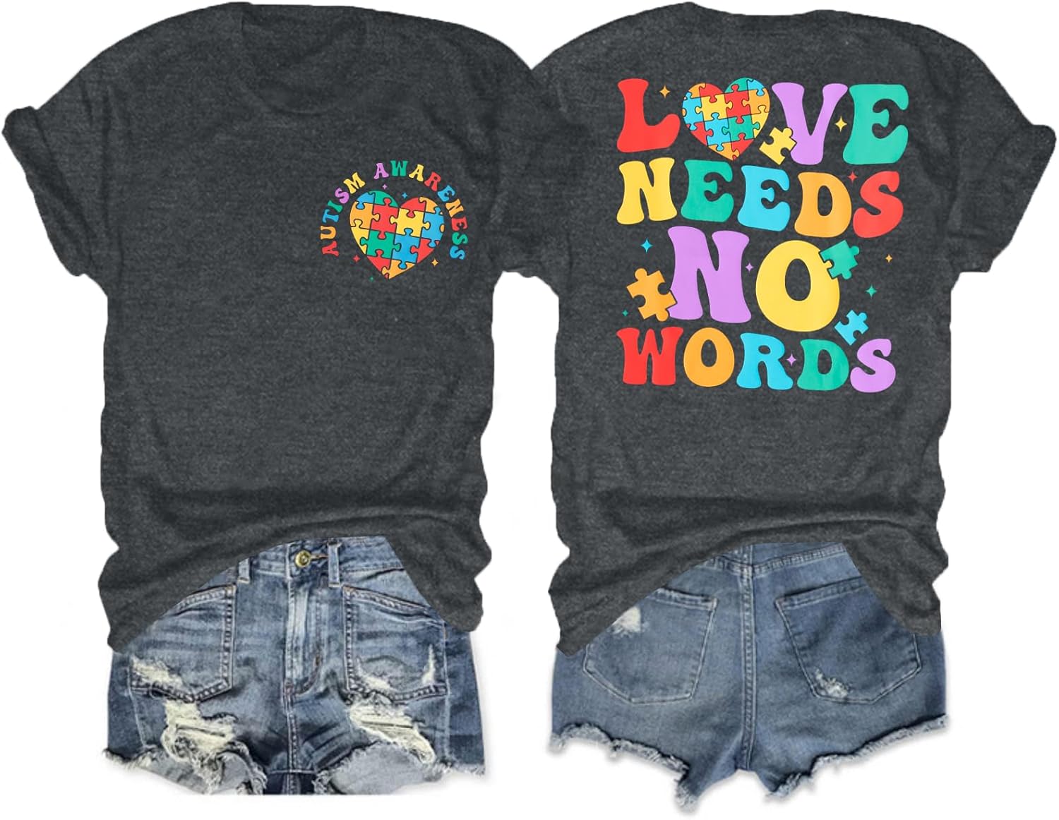 Autism Awareness Shirt Women Love Needs No Words Shirt Autism Special Education Love Heart Puzzle Piece Short Sleeve Tee