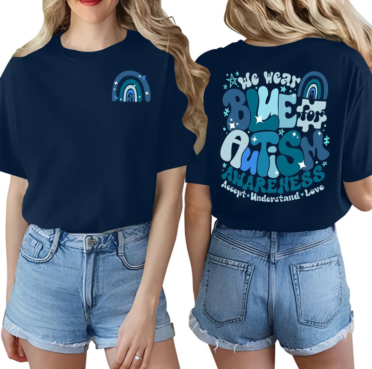 LAZYCHILD Autism Awareness Shirt for Women: Blue Autism Awareness Shirts We Wear Blue T-Shirt Puzzle Piece Tee Tops