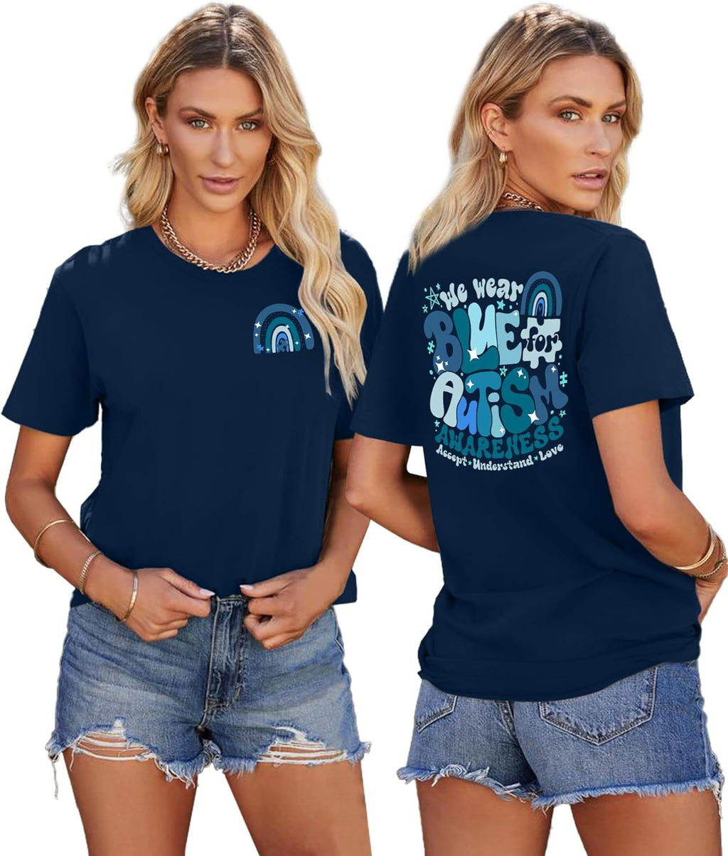 LAZYCHILD Autism Awareness Shirt for Women: Blue Autism Awareness Shirts We Wear Blue T-Shirt Puzzle Piece Tee Tops
