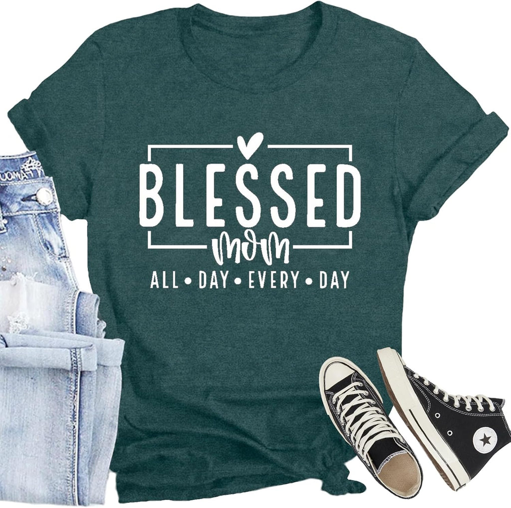 CQF Women Mom Shirt Blessed Mom All Day Every Day Letter Print T-Shirt Best Mama Tee Tops