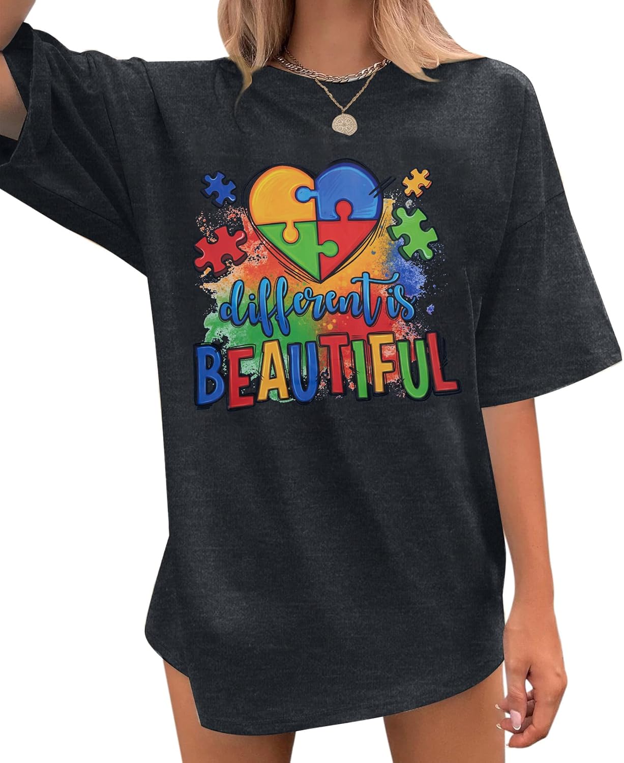 Autism Awareness Women Oversized Shirt Different is Beautiful Autism T Shirts Special Education Teacher Tee Tops