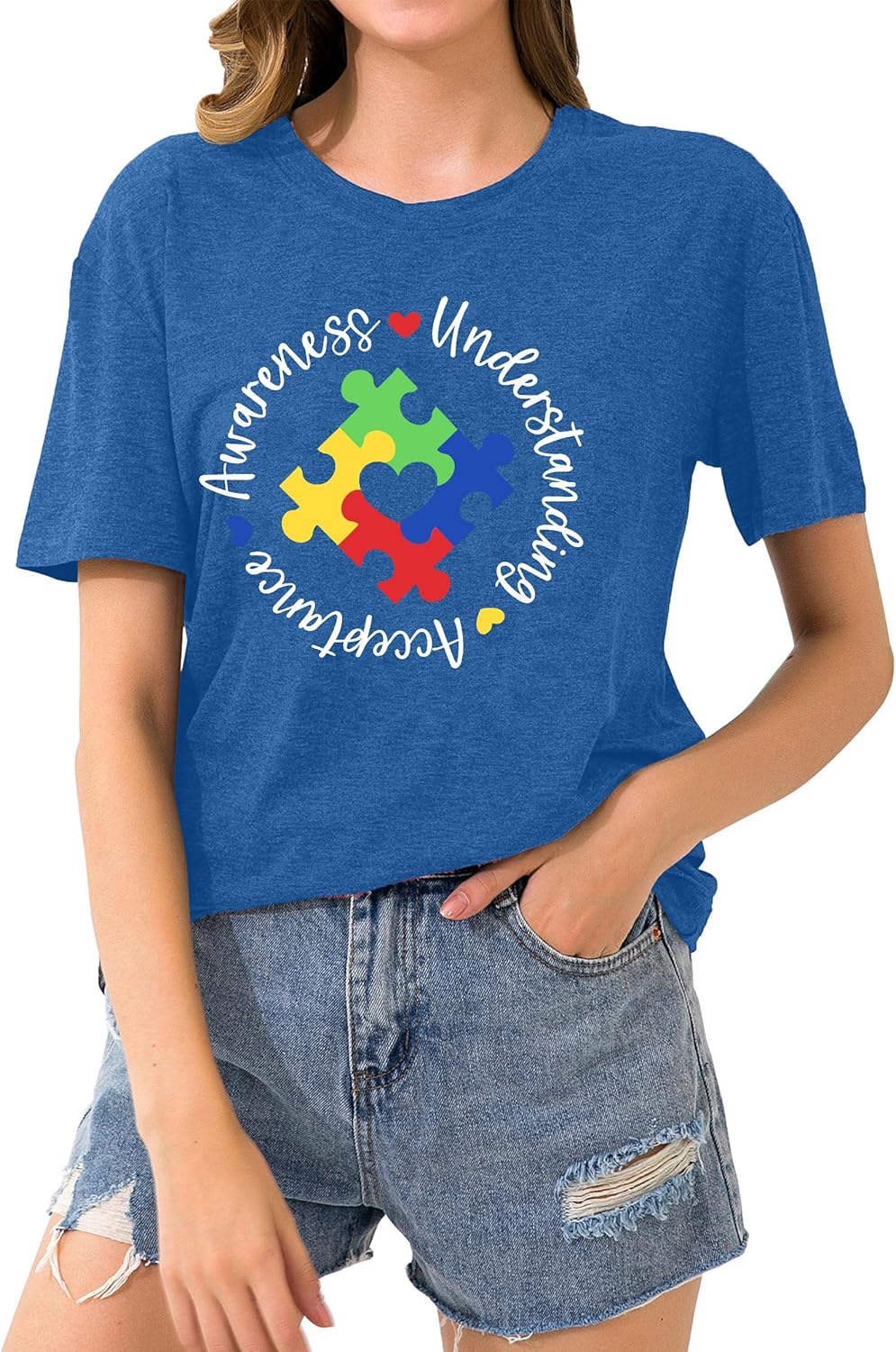 Autism Awareness Shirts Women Autistic Support Tshirt Puzzle Piece Heart Graphic Inspirational Tops