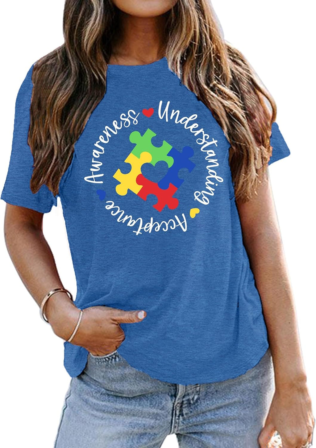 Autism Awareness Shirts Women Autistic Support Tshirt Puzzle Piece Heart Graphic Inspirational Tops