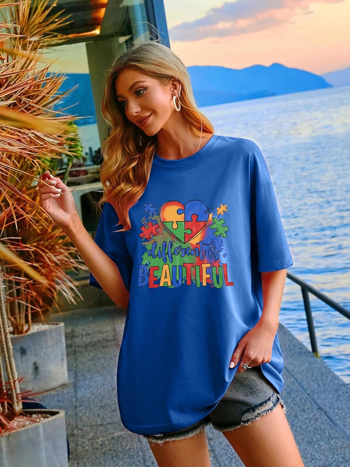 Autism Awareness Women Oversized Shirt Different is Beautiful Autism T Shirts Special Education Teacher Tee Tops