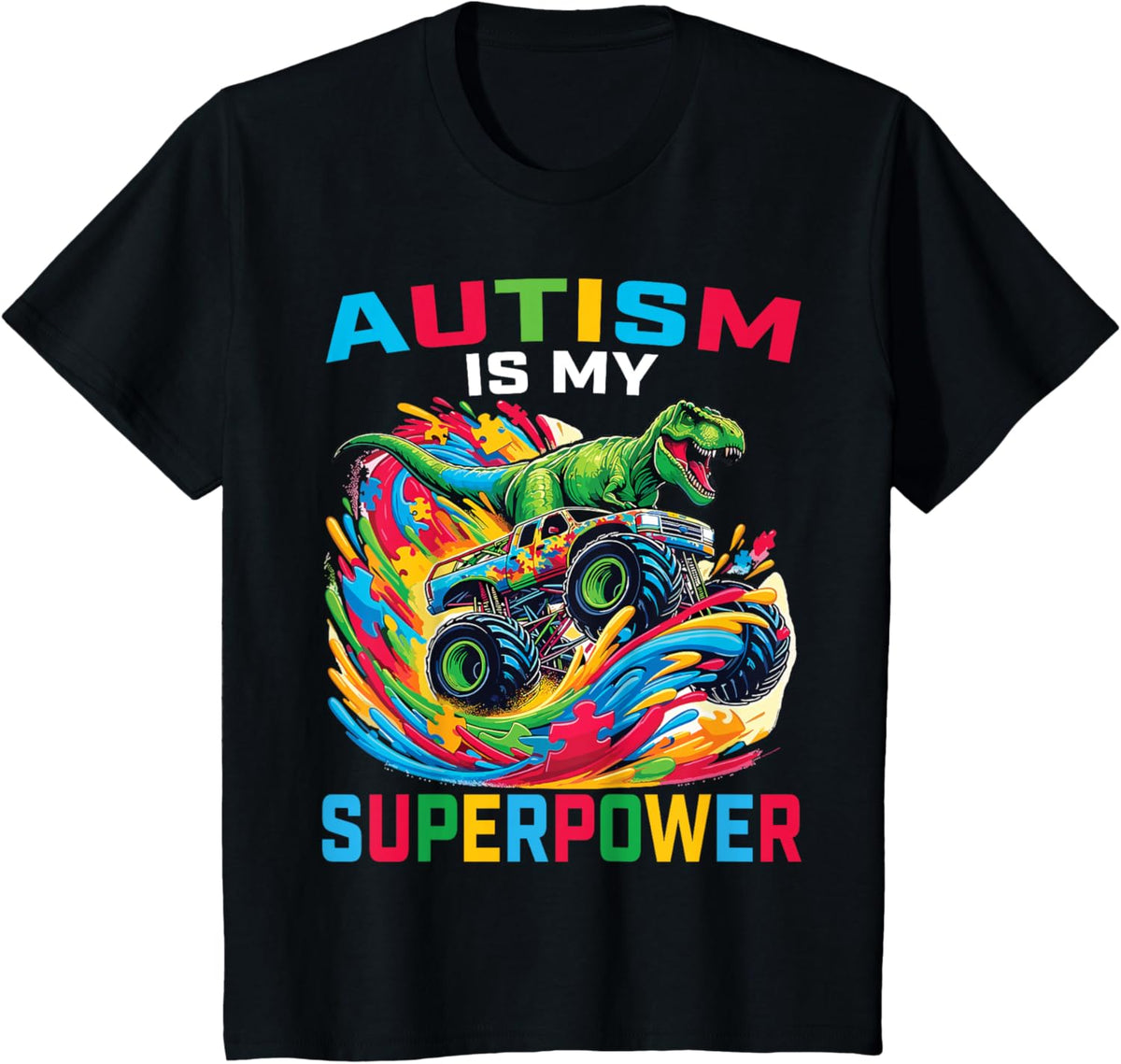 Autism Is My Superpower Dino T Rex Monster Truck Kids Boys